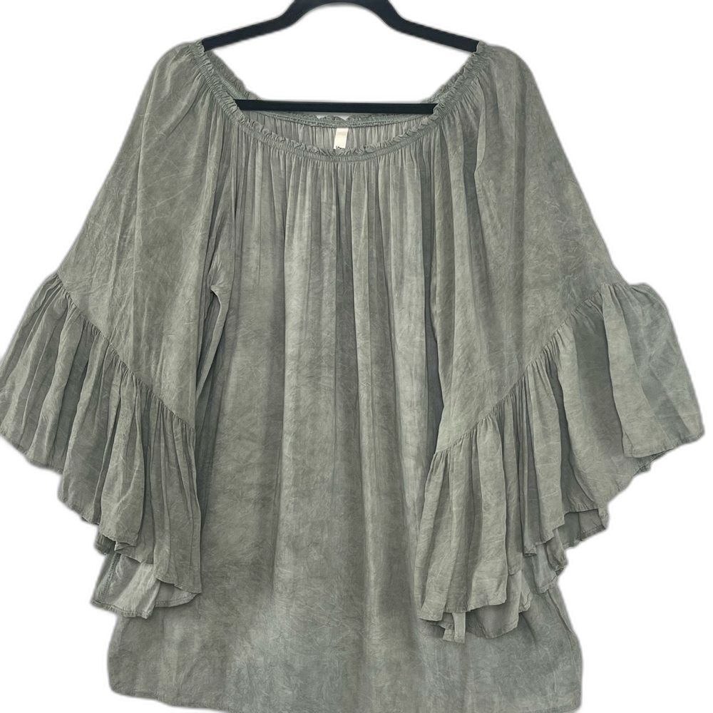 Elan Boho Sage Green Off The Shoulder Ruffle Bell Sleeve Blouse One Size